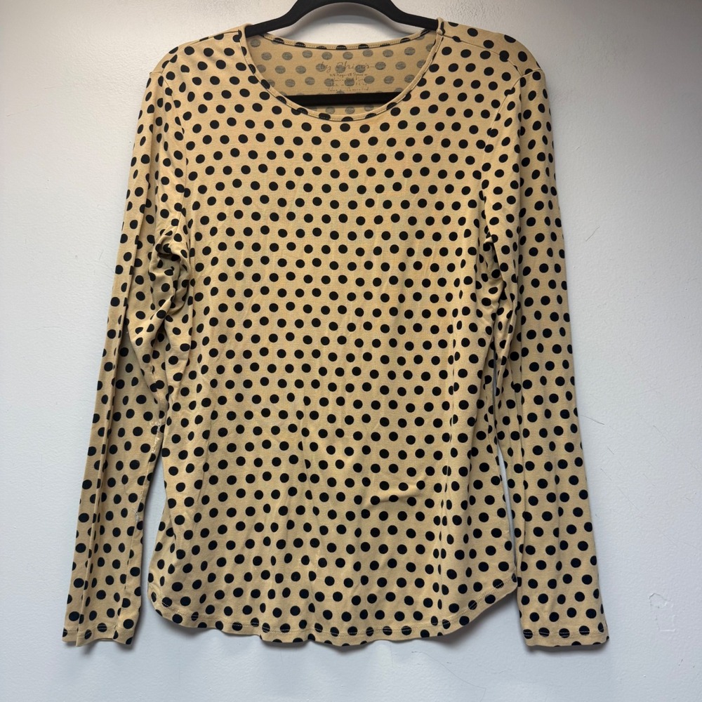Chico's Long Sleeve Top Women 1 Medium‎ Tan Black Excellent Polka Dot Crew Neck